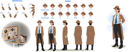 Set of male detective design. Character Model sheet. Front, side, back view animated character. Investigator character creation set with various views, poses and gestures. Cartoonのイラスト素材