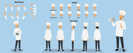 Set of chef character design. Character Model sheet. Front, side, back view animated character. Chef character creation set with various views, poses and gestures. Cartoon style,のイラスト素材