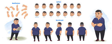 Set of male trainer design. Character Model sheet. Front, side, back view animated character. Pt teacher character creation set with various views, poses and gestures,のイラスト素材