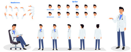 Set of Psychiatrist character design. Character Model sheet. Front, side, back view animated character. Male Psychiatrist character creation set with various views,のイラスト素材