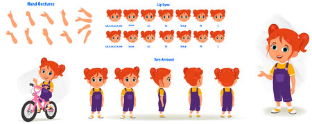 Set of cute girl character design. Character Model sheet. Front, side, back view animated character. Cute girl character creation set with various views, poses and gestures,のイラスト素材