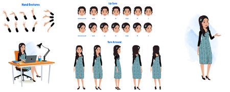 Set of Business woman character design. Character Model sheet. Front, side, back view animated character. Business girl character creation set with various views, poses and gestureのイラスト素材