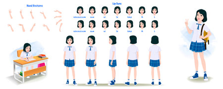 Set of teenager student design. Character Model sheet. Front, side, back view animated character. School girl character creation set with various views, poses and gestures,のイラスト素材