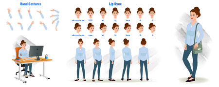 Set of Business woman character design. Character Model sheet. Front, side, back view animated character. Business girl character creation set with various views, poses and gestureのイラスト素材