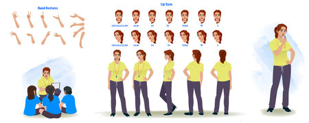 Set of female trainer design. Character Model sheet. Front, side, back view animated character. Coach character creation set with various views, poses and gestures. Cartoon style,のイラスト素材