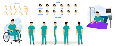 Set of male patient character design. Character Model sheet. Front, side, back view animated character. patient character creation set with various views, poses and gestures,のイラスト素材