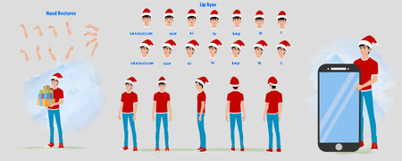 Set of santa man design. Character Model sheet or creation set. Front, side, back view animated character.Santa man character creation set with various views, face emotions,のイラスト素材