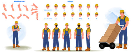 Handyman Character Model sheet or creation set. character design. Front, side, back view animated character. Builder character creation set with various views, face emotions,posesのイラスト素材