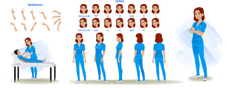 Set of nurse character design. Character Model sheet. Front, side, back view animated character. Nurse character creation set with various views, poses and gestures. Cartoon style,のイラスト素材