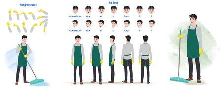 Set of Cleaning service worker creation set or constructor. Bundle of janitor body parts, gestures, uniform and clothing, equipment, floor polisher isolated on white background.のイラスト素材