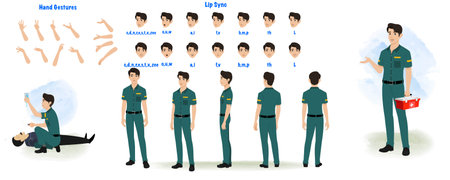 Set of paramedic character design. Character Model sheet. Front, side, back view animated character. male paramedic character creation set with various views, poses and gestures. Cのイラスト素材
