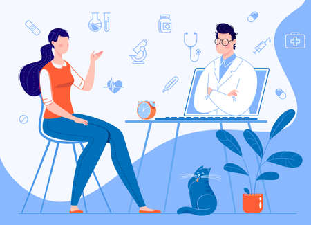 Woman patient at home sitting on a chair consults with a doctor through a laptop. Online medical care concepts. Background infographics illustration: icons of medical supplies. Vector. Illustration flat cartoon style. Online Clinic Concept.のイラスト素材