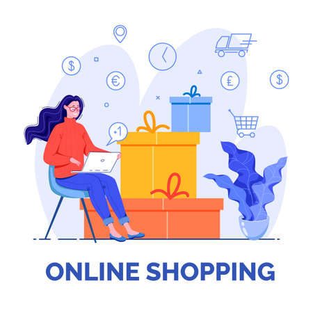 illustration, concept of online services.Beautiful woman with a laptop on her lap makes purchases in the online store on the background of boxes.のイラスト素材