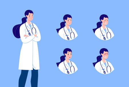 Doctor character creation set with various emotions. Isolated. Female doctor.のイラスト素材
