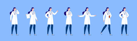 Doctor character creation set with various poses and gestures. Isolated. Female doctor.のイラスト素材