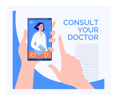 Phone Video Call to the Doctor Through the Application on the Smartphone Online Medical Advice Conceptのイラスト素材