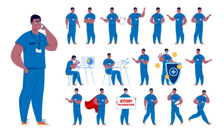Doctor character creation set with various poses and gestures. Isolated. Male doctor.のイラスト素材