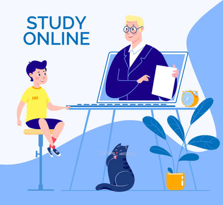 The concept of distance or online learning, the teacher and the student interact from a distance using information technology. The child watches lectures in a video recording or in a live broadcast.のイラスト素材