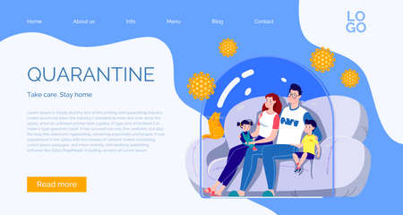 The concept of quarantine self-isolation. The family is sitting on the couch under a glass cap and watching TV. Virus protection. Vector. Flat cartoon styleのイラスト素材