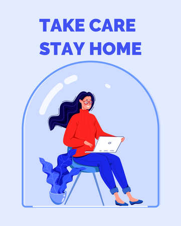 A woman works on a laptop under a glass cover that protects her from the virus. Vector. Flat cartoon design.のイラスト素材