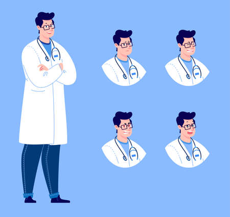 Doctor character creation set with various emotions. Isolated. Male doctor.のイラスト素材