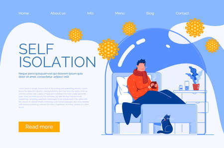 A flu patient lies in bed under a blanket with a thermometer and a mug of tea. The concept of self-isolation in the coronovirus pandemic.のイラスト素材