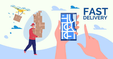 Online Delivery Concept. Fast home and office delivery. Vector. Illustration. Cartoon style.のイラスト素材