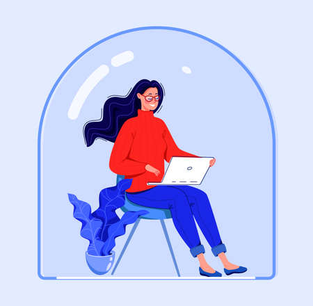 A woman works on a laptop under a glass cover that protects her from the virus. Vector. Flat cartoon design.のイラスト素材