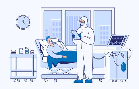 Intensive care of a seriously ill patient. A sick man lies in a medical bed on artificial lung ventilation. Vector. Illustration. Flat style.のイラスト素材