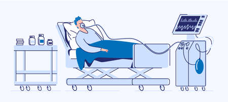 Intensive care of a seriously ill patient. A sick man lies in a medical bed on artificial lung ventilation. Vector. Illustration. Flat styleのイラスト素材