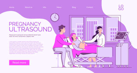 Website banner about the health of mother and child in the perinatal period. Pregnant wife and husband at the consultation of the doctor of ultrasound diagnosis. Ultrasound of the fetus. The doctor shows the child on the monitor screen and tells future parents about his development.のイラスト素材