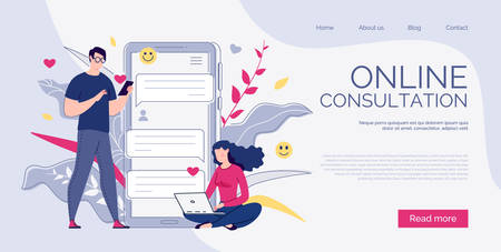 Online consultation. The concept of social networks, virtual communication. Vector. Flat cartoon style. Illustration.のイラスト素材