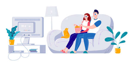 A married couple is watching a 3D movie on a big screen, sitting on a sofa at home. Self-isolation at home.のイラスト素材