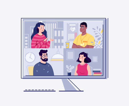 Videoconference, webinar. The concept of online meetings. Vector. Flat cartoon style. Illustration.のイラスト素材