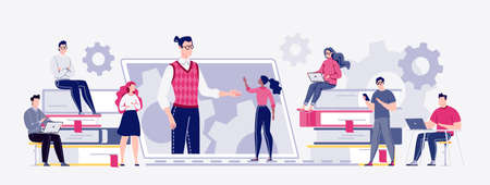 E-learning, online education, e-bookTechnology and digital culture. Staff training, consulting, college, education app. Freelance work in comfortable conditions. Vector. Flat cartoon style.のイラスト素材