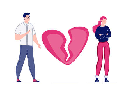 The concept of breaking the love relationship. Divorce. Former couple. Conflict between lovers. Broken heart. Parting couple. Attempt to make peace. Vector. Illustration in a flat cartoon style.のイラスト素材