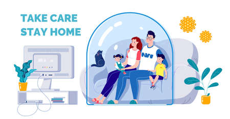 The concept of quarantine self-isolation. The family is sitting on the couch under a glass cap and watching TV. Virus protection. Vector. Flat cartoon styleの写真素材