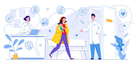 The child at the appointment with the pediatrician. Vector Flat Cartoon.の写真素材