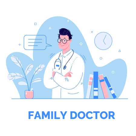 Family doctor vector template. Brochure design, cover, poster layout, flyer for advertising medical services, information for patients.の写真素材