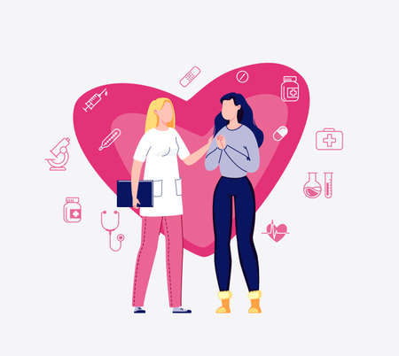The concept of medicine and healthcare. The doctor reassures the patient. Doctor and patient. Cardiologist talking to a woman. Background big heart. Vector illustration in flat cartoon style.のイラスト素材