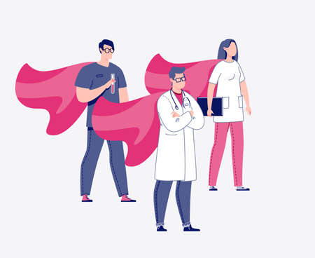 Doctor, laboratory assistant, nurse in cloaks of superheroes.Illustration in a flat cartoon style.