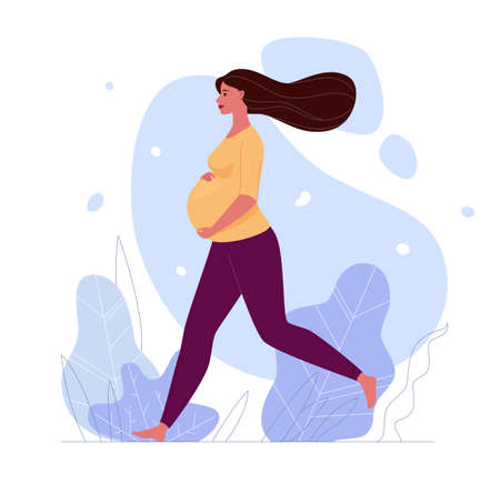 A beautiful pregnant woman is walking barefoot, hugging her big belly. Profile picture. Illustration. Vector in a flat cartoon style.のイラスト素材