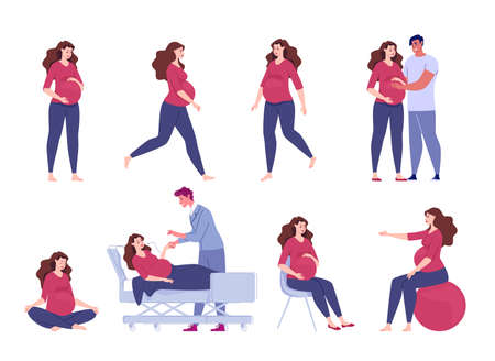Pregnant woman. Seeing a doctor, walking, exercise with a ball, meditation, sitting relaxation. A loving husband hugs his pregnant wife and holds his hand on his stomach. Vector. illustration.のイラスト素材