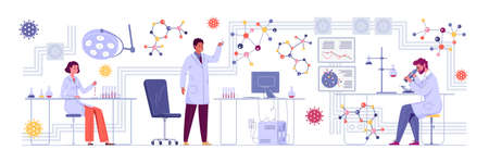 In the laboratory, a group of scientists conducts experiments. A doctor looks through a microscope in a laboratory and conducts a study. Researchers are working on a new generation of vaccines.のイラスト素材