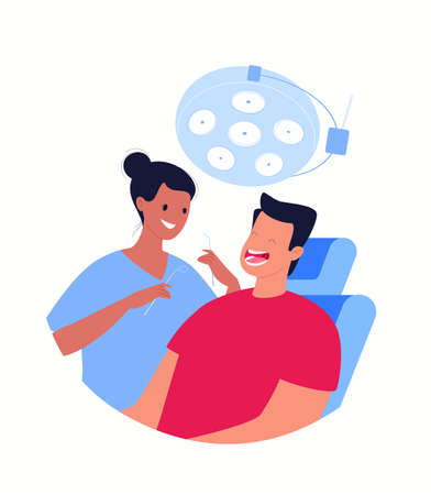 A female dentist holds instruments for examining a patient's teeth. The patient sits in the dentist's chair with his mouth open. Dentistry and healthcare concept. Vector flat cartoon illustration.のイラスト素材