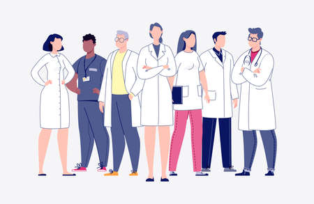 Team of doctors in cartoon style. The concept of the medical team. Doctors, nurses, orderlies - medical staff. Rastr. Illustration in flat style.の写真素材