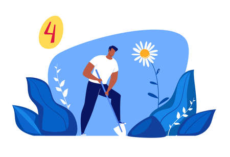Work in the park, garden, landscape design, planting young trees, landscaping. Vector illustration in flat cartoon style.のイラスト素材