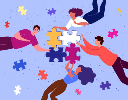 Teamwork. Interaction of partners and colleagues, problem solving. The concept of creating a business system and building a team. Flat illustration. Business people put together a puzzle.のイラスト素材