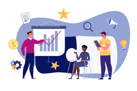 Business team metaphor. The concept of building a business system, solving problems, brainstorming, recruiting, teamwork, collaboration. Vector illustration in flat cartoon style.のイラスト素材