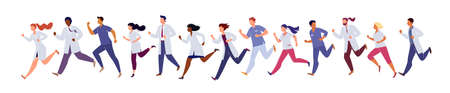 Group of running people in medical gowns on an isolated white background. The lifestyle of a doctor in a hurry to save lives. Flat vector cartoon illusion.のイラスト素材